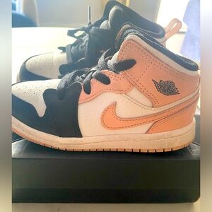 Toddler size 9C -Jordan Mid White, Black, Arctic Orange sneakers.